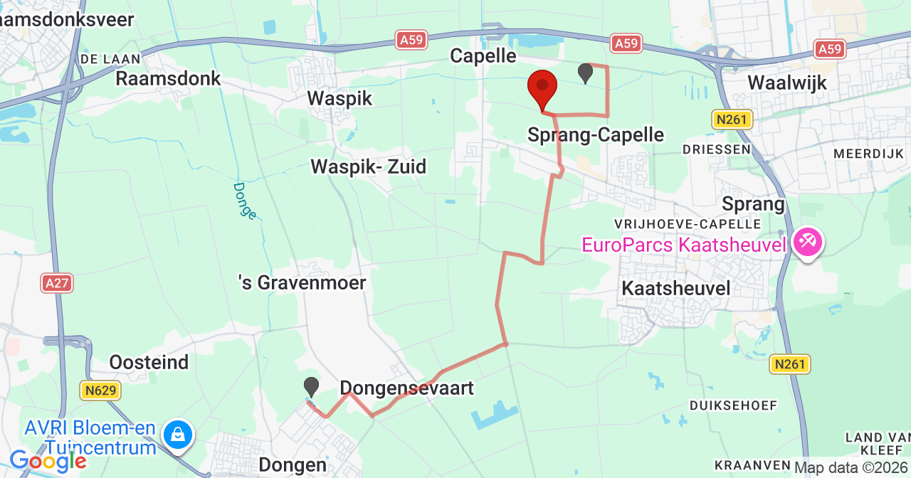 Kaart van het incident in Sprang-Capelle met de aanrijroutes van de gealarmeerde eenheden