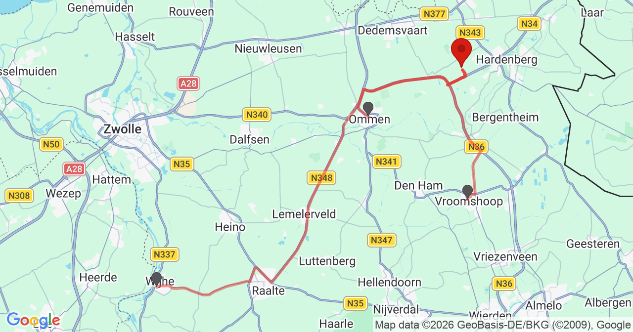 Kaart van het incident in Rheezerveen met de aanrijroutes van de gealarmeerde eenheden