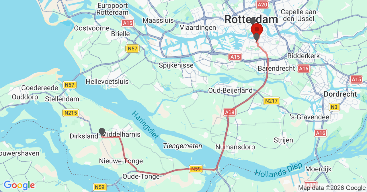 Kaart van het incident in Rotterdam met de aanrijroutes van de gealarmeerde eenheden