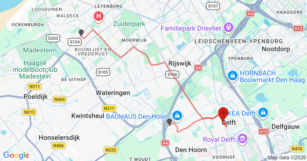 Kaart van het incident in Delft met de aanrijroutes van de gealarmeerde eenheden