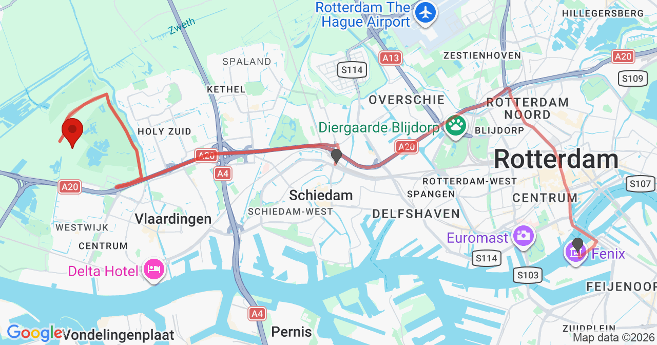 Kaart van het incident in Vlaardingen met de aanrijroutes van de gealarmeerde eenheden