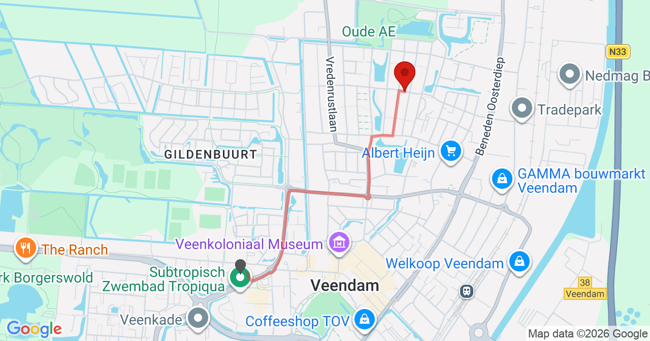 Kaart van het incident in Veendam met de aanrijroutes van de gealarmeerde eenheden