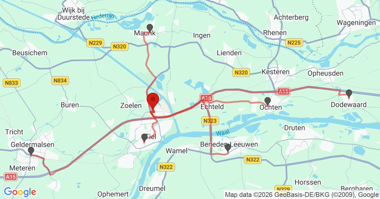 Kaart van het incident in Tiel met de aanrijroutes van de gealarmeerde eenheden