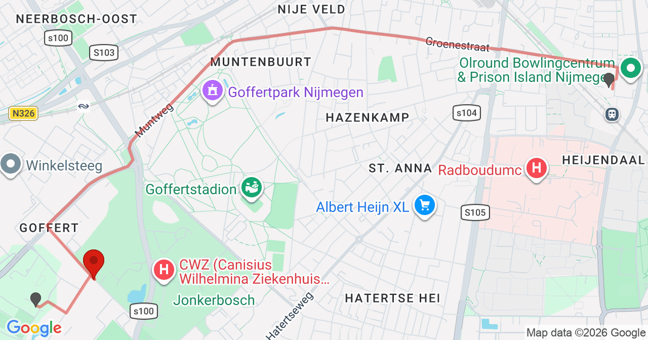 Kaart van het incident in Nijmegen met de aanrijroutes van de gealarmeerde eenheden