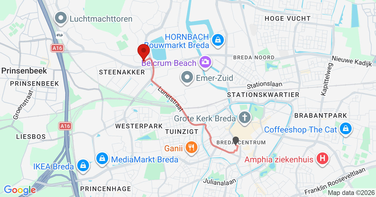 Kaart van het incident in Breda met de aanrijroutes van de gealarmeerde eenheden