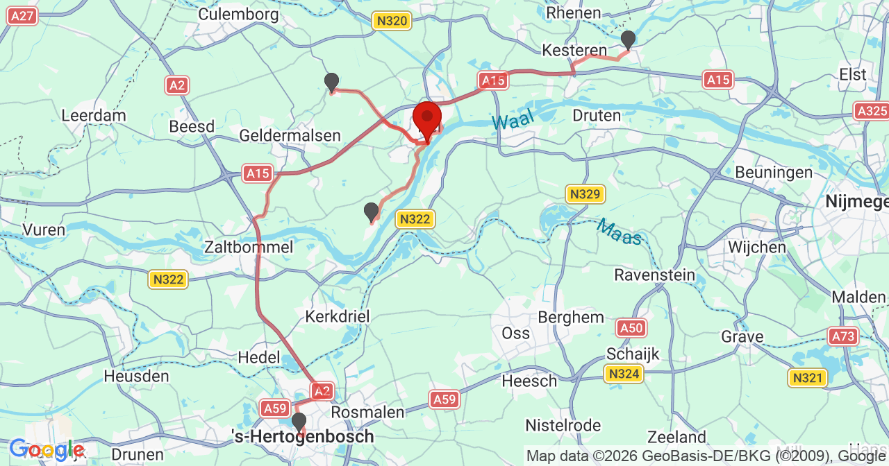 Kaart van het incident in Tiel met de aanrijroutes van de gealarmeerde eenheden