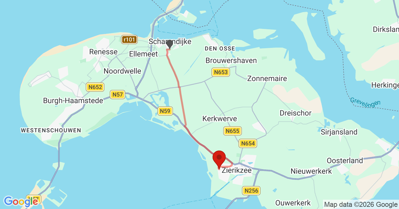 Kaart van het incident in Zierikzee met de aanrijroutes van de gealarmeerde eenheden