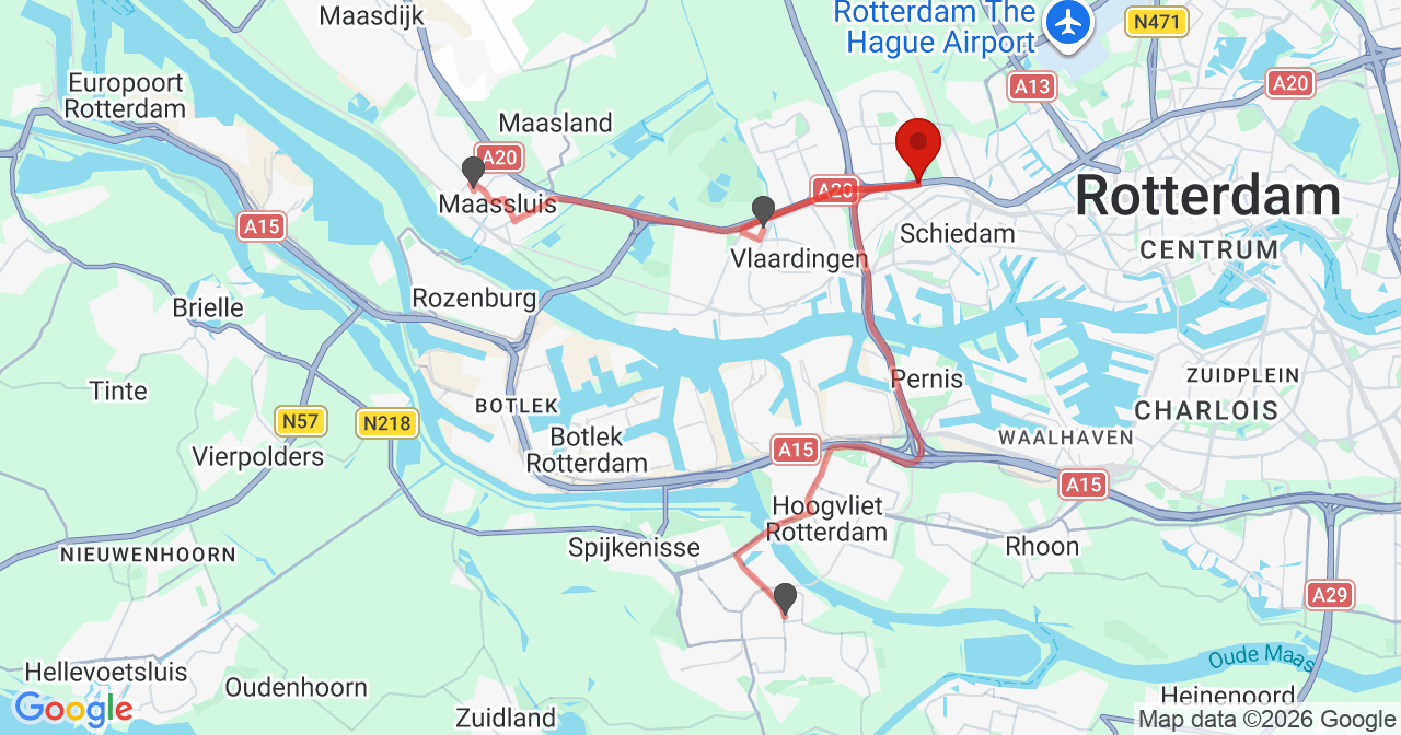 Kaart van het incident in Schiedam met de aanrijroutes van de gealarmeerde eenheden