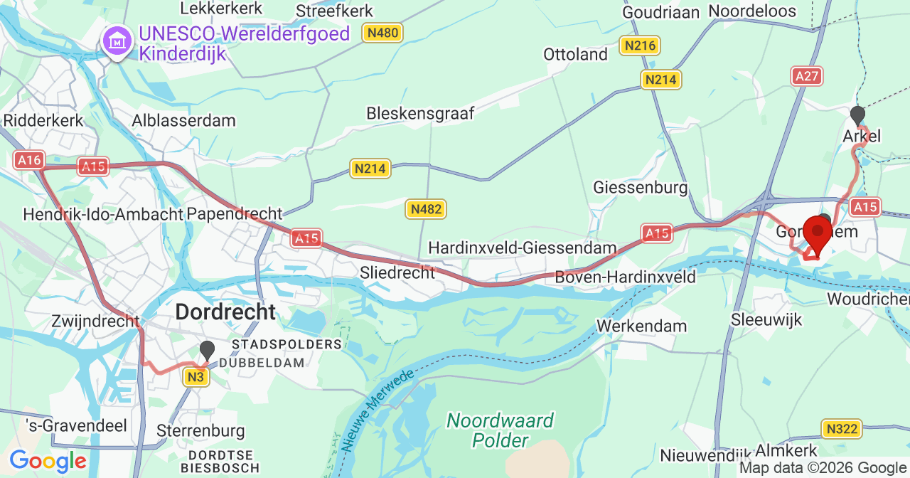 Kaart van het incident in Gorinchem met de aanrijroutes van de gealarmeerde eenheden