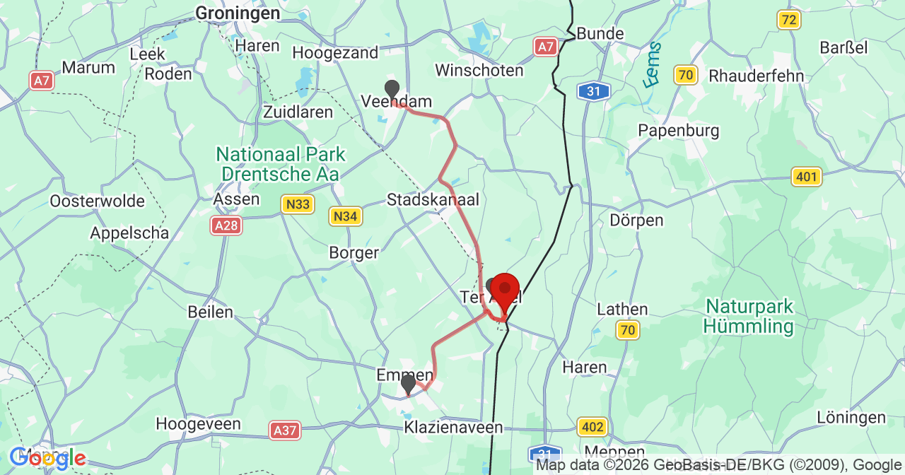 Kaart van het incident in Ter Apel met de aanrijroutes van de gealarmeerde eenheden