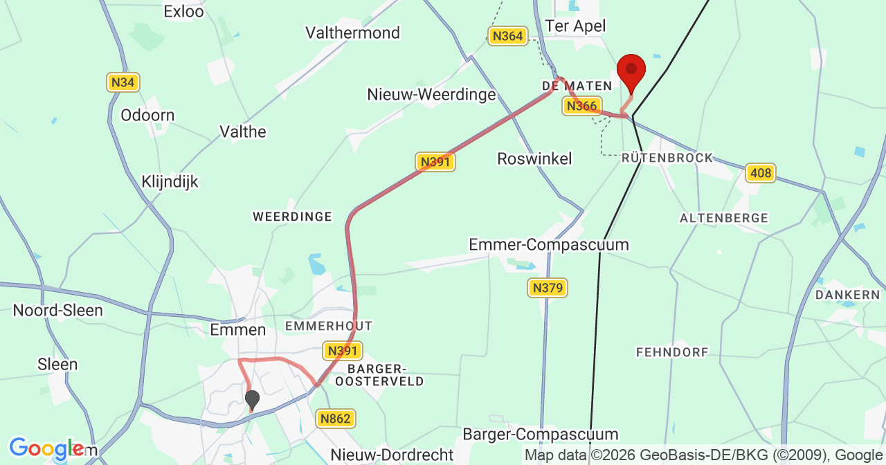 Kaart van het incident in Ter Apel met de aanrijroutes van de gealarmeerde eenheden