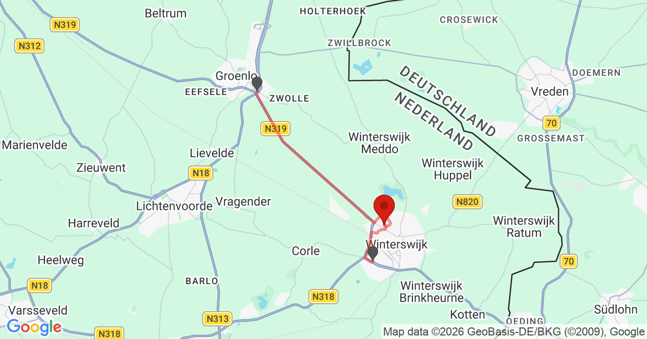 Kaart van het incident in Winterswijk met de aanrijroutes van de gealarmeerde eenheden