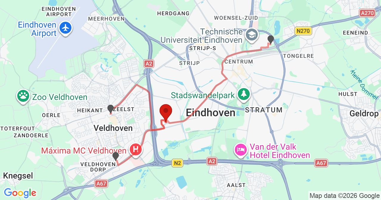 Kaart van het incident in Eindhoven met de aanrijroutes van de gealarmeerde eenheden