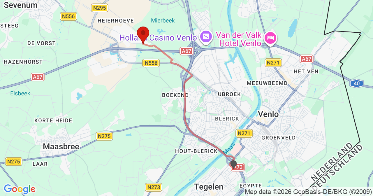 Kaart van het incident in Venlo met de aanrijroutes van de gealarmeerde eenheden