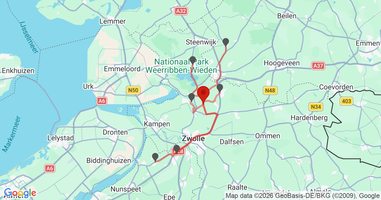 Kaart van het incident in Rouveen met de aanrijroutes van de gealarmeerde eenheden