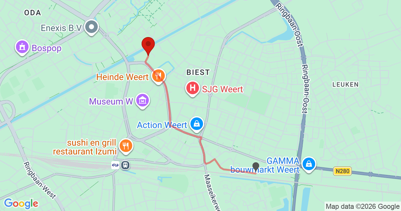Kaart van het incident in Weert met de aanrijroutes van de gealarmeerde eenheden