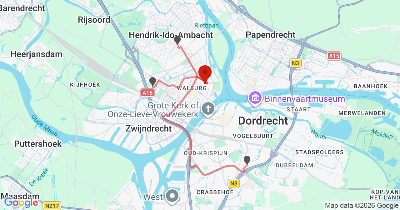 Kaart van het incident in Zwijndrecht met de aanrijroutes van de gealarmeerde eenheden