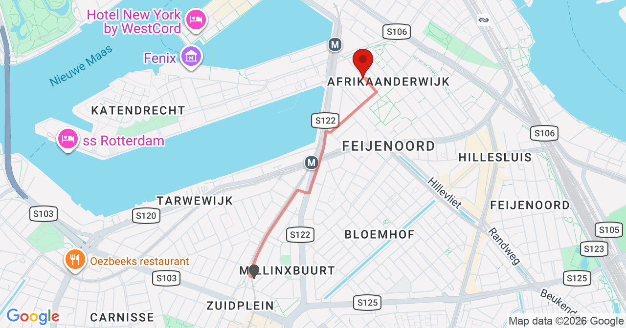 Kaart van het incident in Rotterdam met de aanrijroutes van de gealarmeerde eenheden