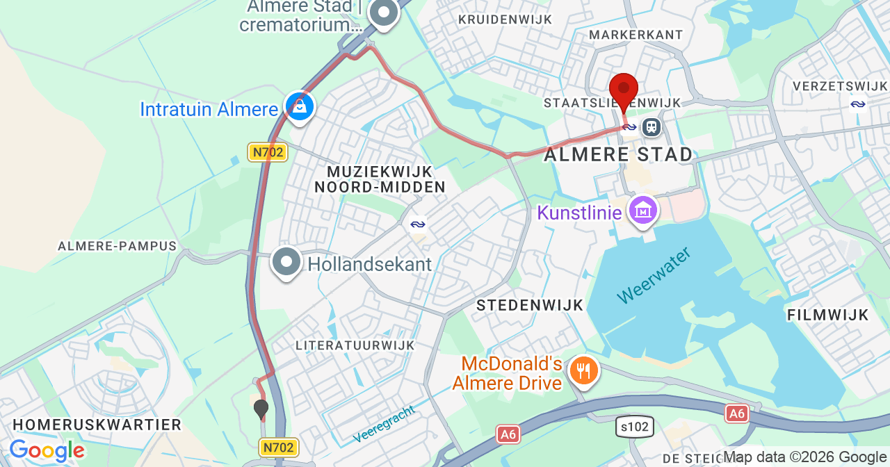 Kaart van het incident in Almere met de aanrijroutes van de gealarmeerde eenheden