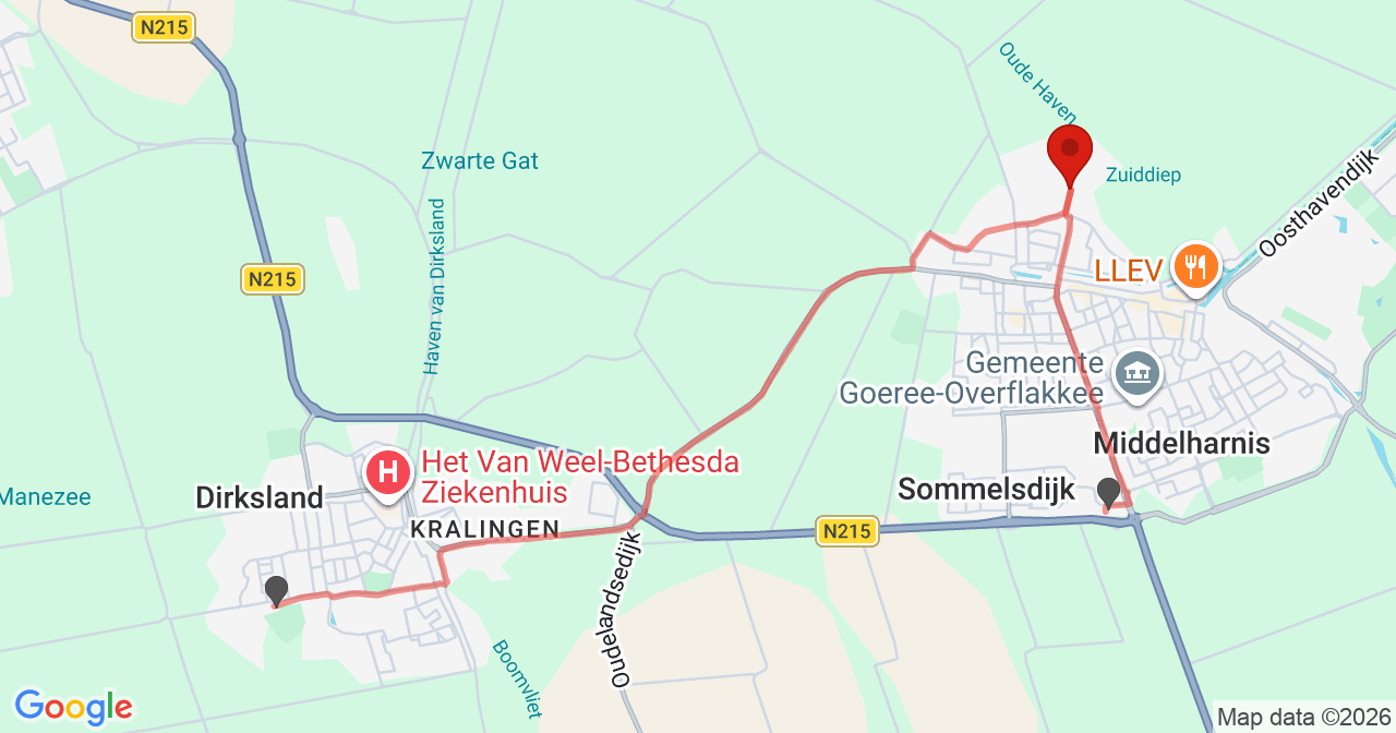 Kaart van het incident in Middelharnis met de aanrijroutes van de gealarmeerde eenheden