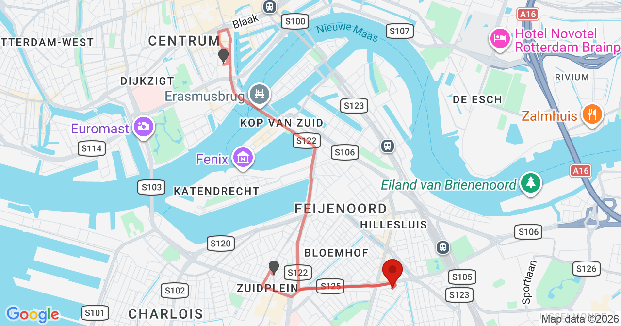 Kaart van het incident in Rotterdam met de aanrijroutes van de gealarmeerde eenheden