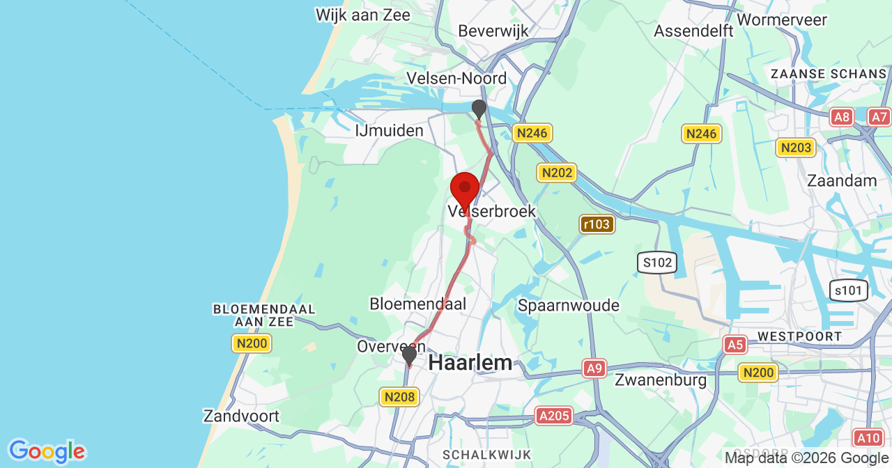 Kaart van het incident in Santpoort-Noord met de aanrijroutes van de gealarmeerde eenheden