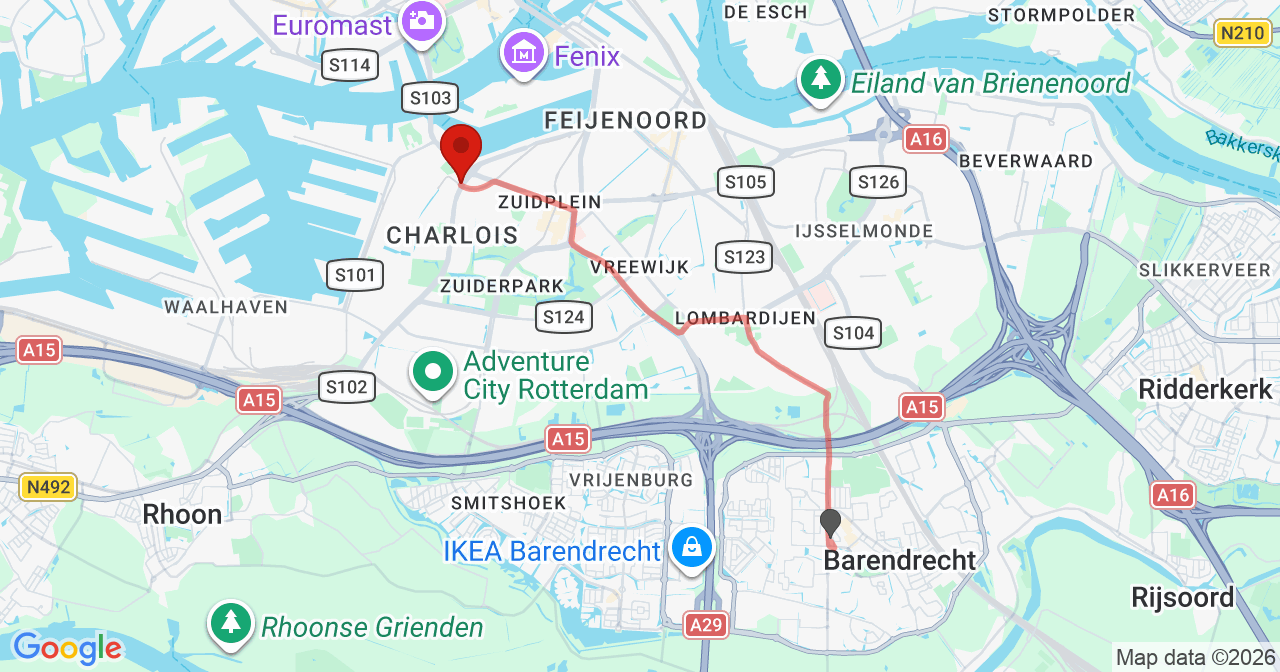 Kaart van het incident in Rotterdam met de aanrijroutes van de gealarmeerde eenheden
