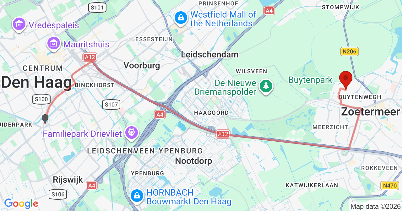 Kaart van het incident in Zoetermeer met de aanrijroutes van de gealarmeerde eenheden