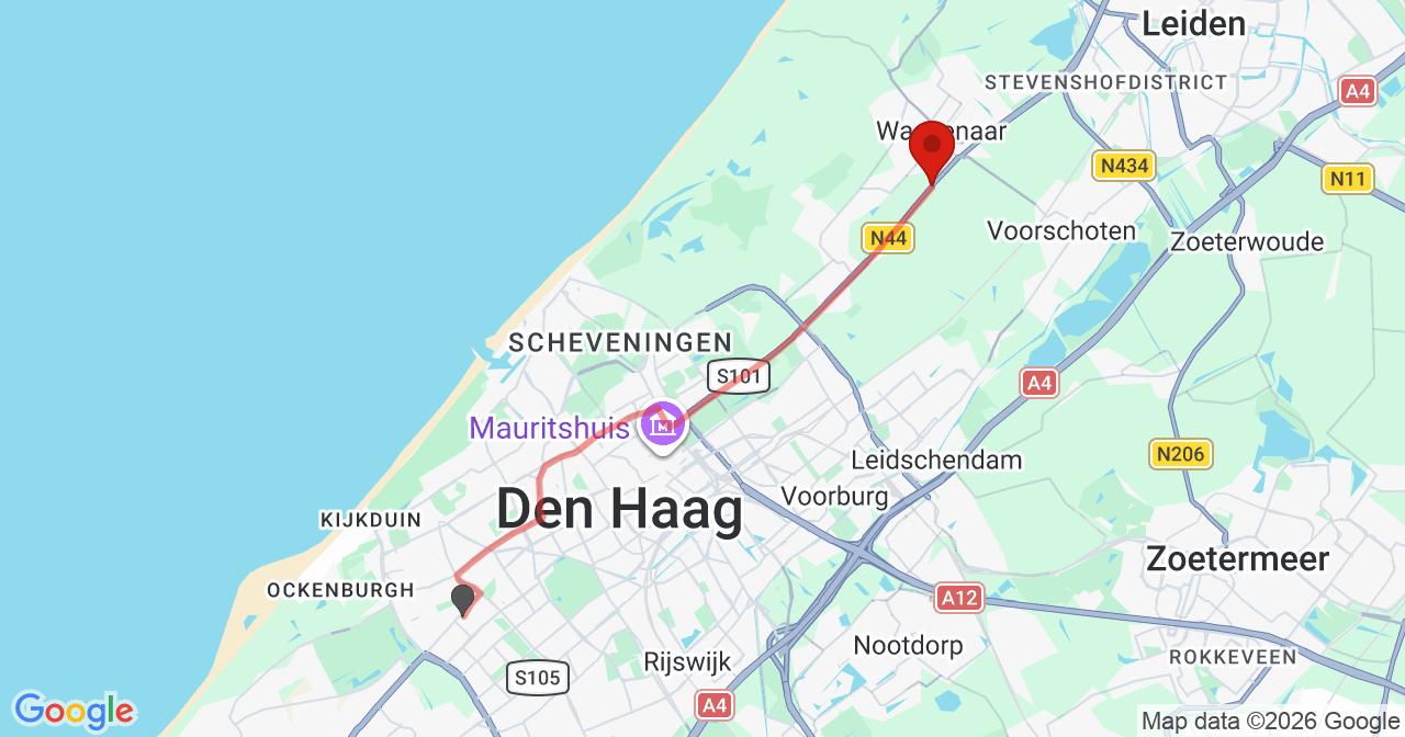 Kaart van het incident in Wassenaar met de aanrijroutes van de gealarmeerde eenheden