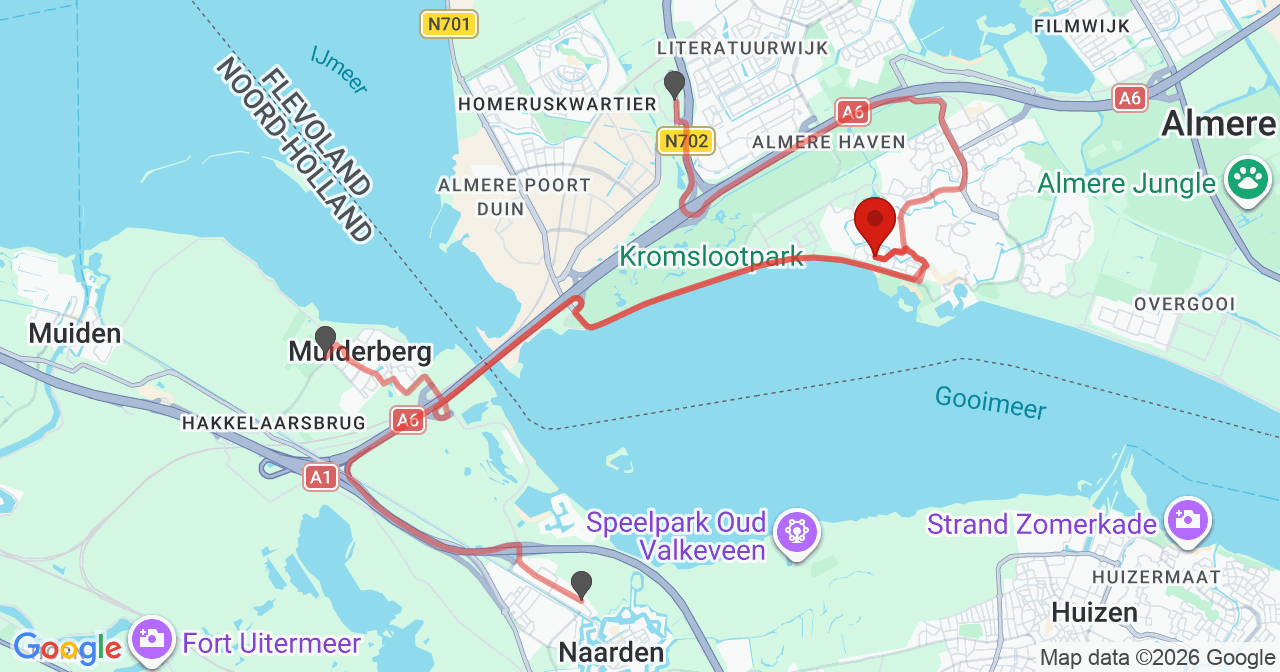 Kaart van het incident in Almere met de aanrijroutes van de gealarmeerde eenheden