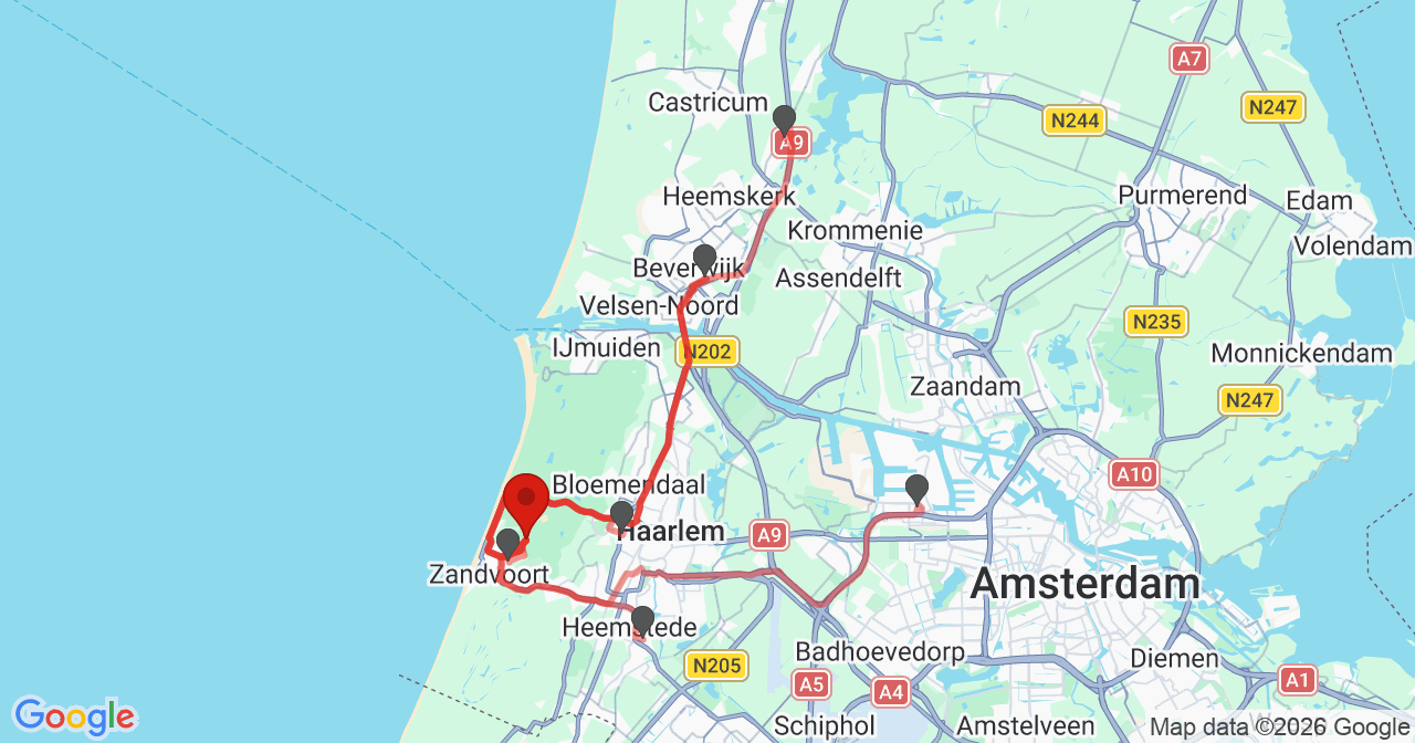 Kaart van het incident in Zandvoort met de aanrijroutes van de gealarmeerde eenheden