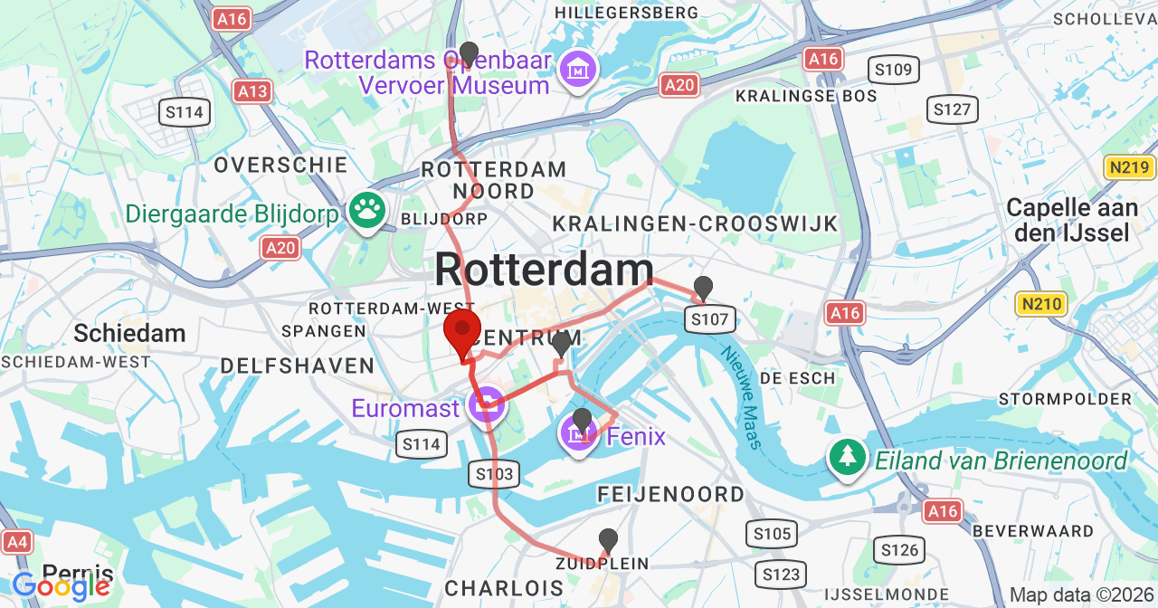 Kaart van het incident in Rotterdam met de aanrijroutes van de gealarmeerde eenheden