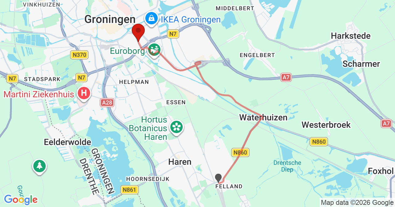Kaart van het incident in Waterhuizen met de aanrijroutes van de gealarmeerde eenheden