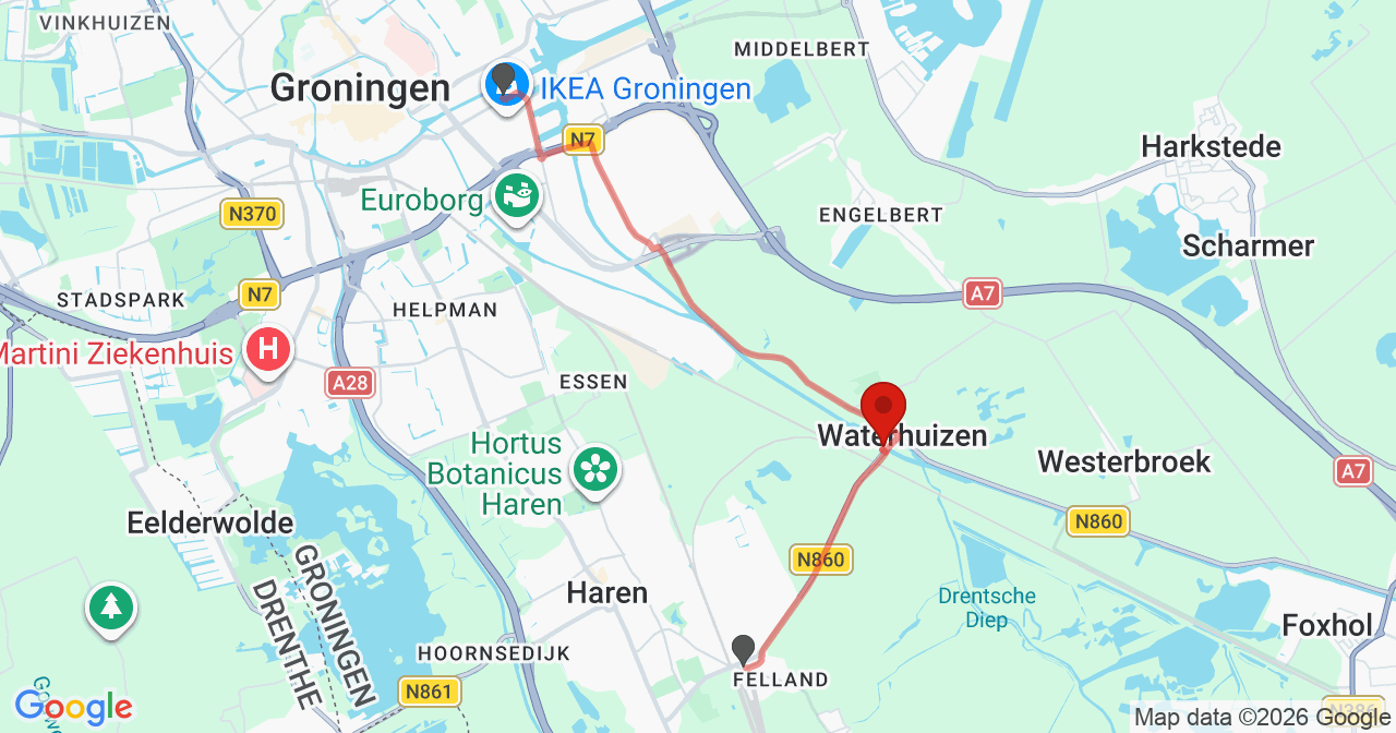 Kaart van het incident in Waterhuizen met de aanrijroutes van de gealarmeerde eenheden
