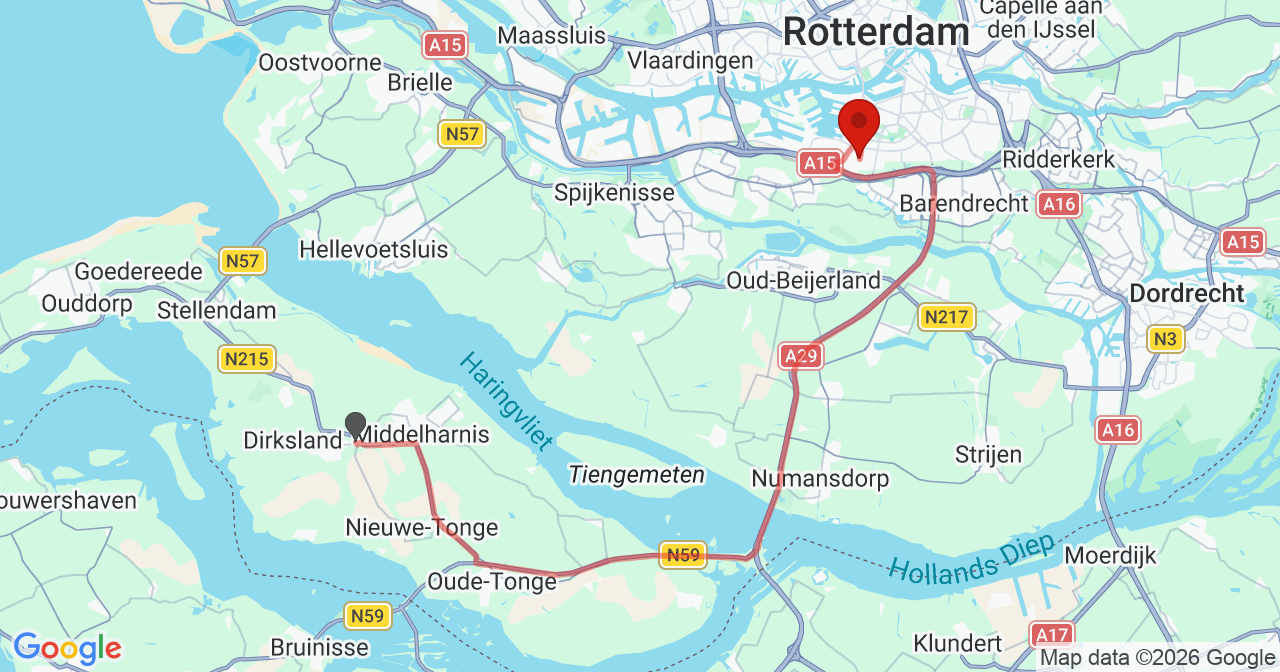 Kaart van het incident in Rotterdam met de aanrijroutes van de gealarmeerde eenheden