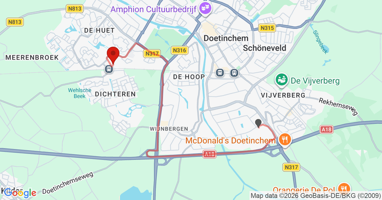 Kaart van het incident in Doetinchem met de aanrijroutes van de gealarmeerde eenheden