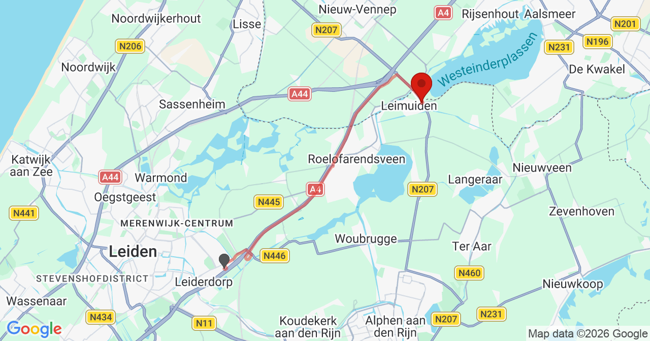 Kaart van het incident in Leimuiden met de aanrijroutes van de gealarmeerde eenheden