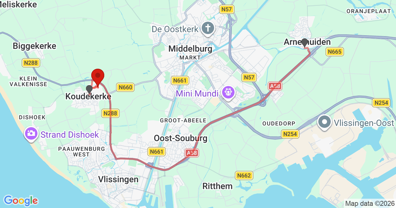 Kaart van het incident in Koudekerke met de aanrijroutes van de gealarmeerde eenheden