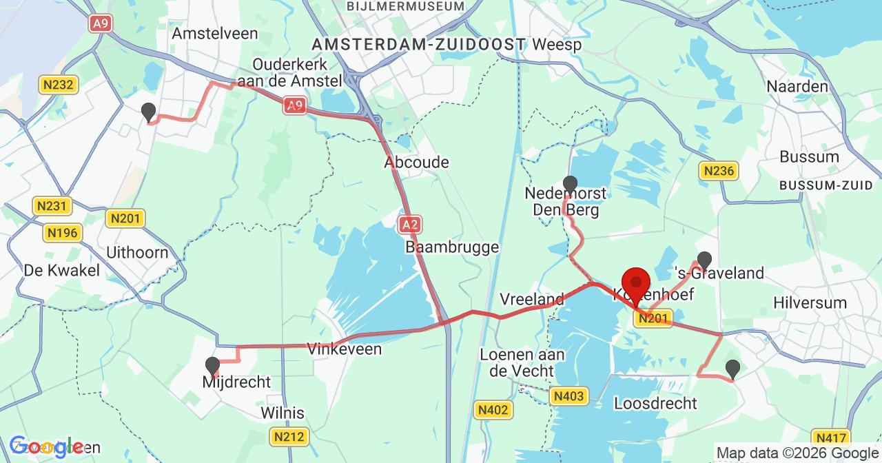 Kaart van het incident in Kortenhoef met de aanrijroutes van de gealarmeerde eenheden