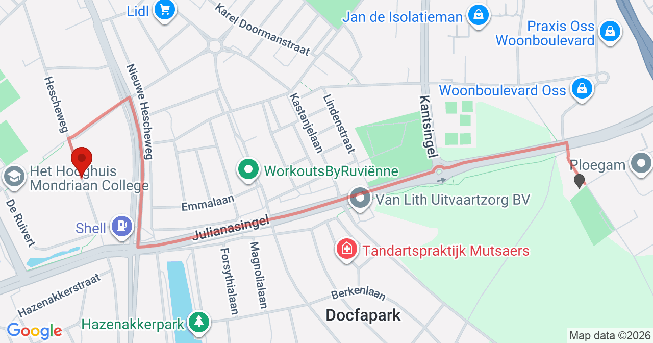 Kaart van het incident in Oss met de aanrijroutes van de gealarmeerde eenheden