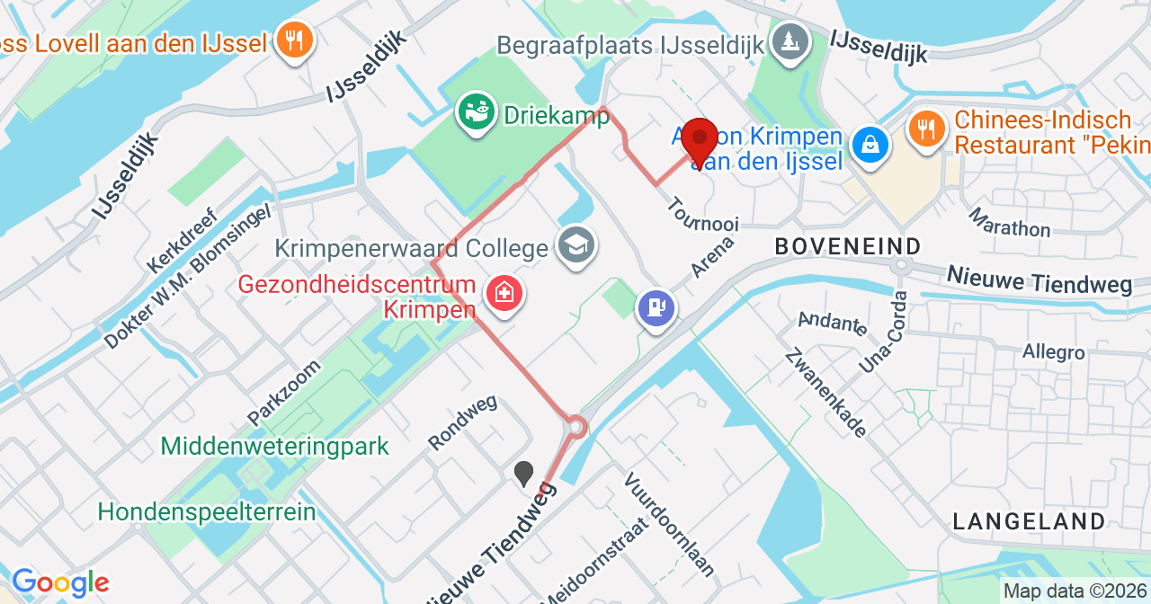 Kaart van het incident in Krimpen aan den IJssel met de aanrijroutes van de gealarmeerde eenheden