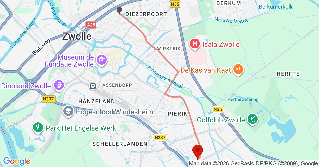 Kaart van het incident in Zwolle met de aanrijroutes van de gealarmeerde eenheden