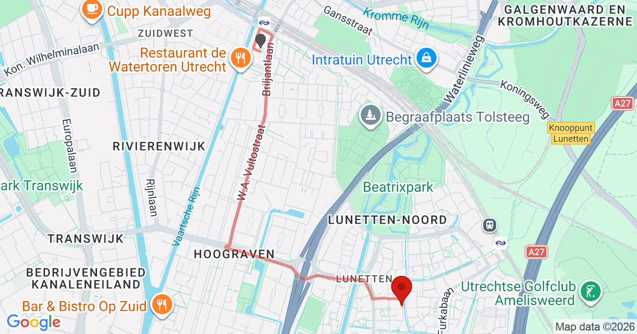 Kaart van het incident in Utrecht met de aanrijroutes van de gealarmeerde eenheden