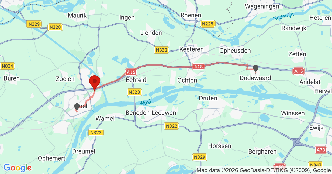 Kaart van het incident in Tiel met de aanrijroutes van de gealarmeerde eenheden