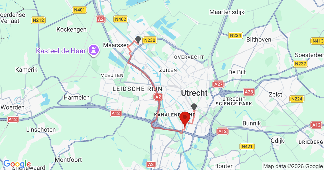 Kaart van het incident in Utrecht met de aanrijroutes van de gealarmeerde eenheden