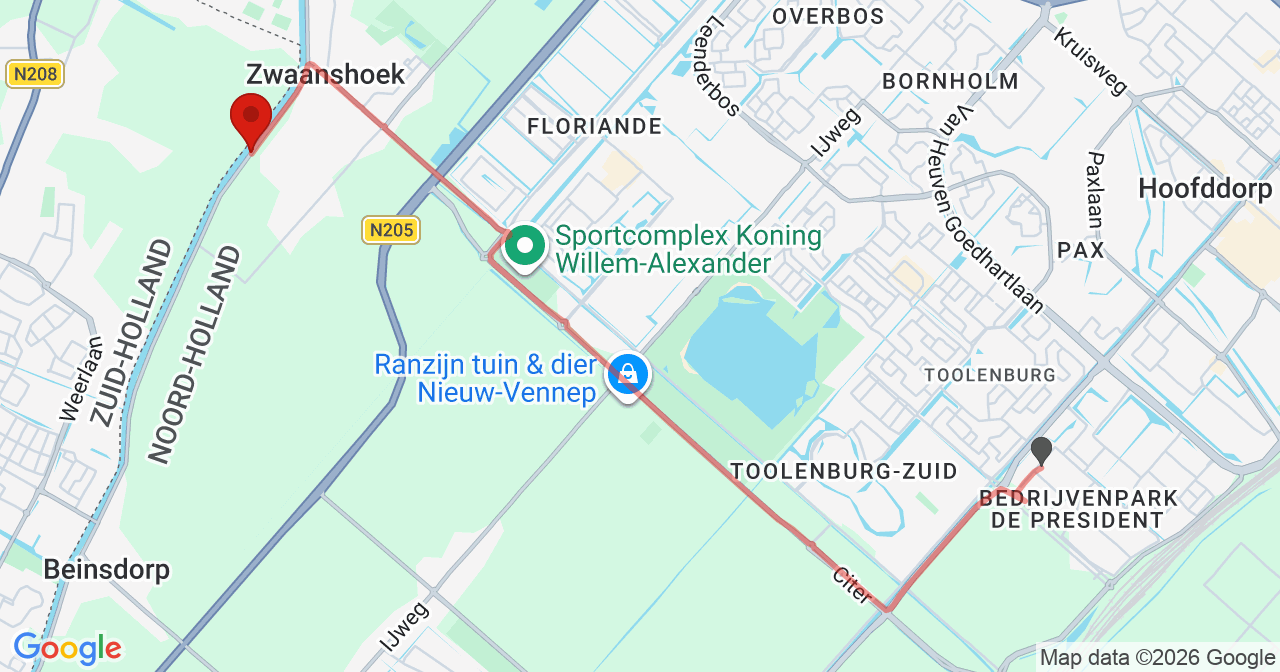Kaart van het incident in Zwaanshoek met de aanrijroutes van de gealarmeerde eenheden