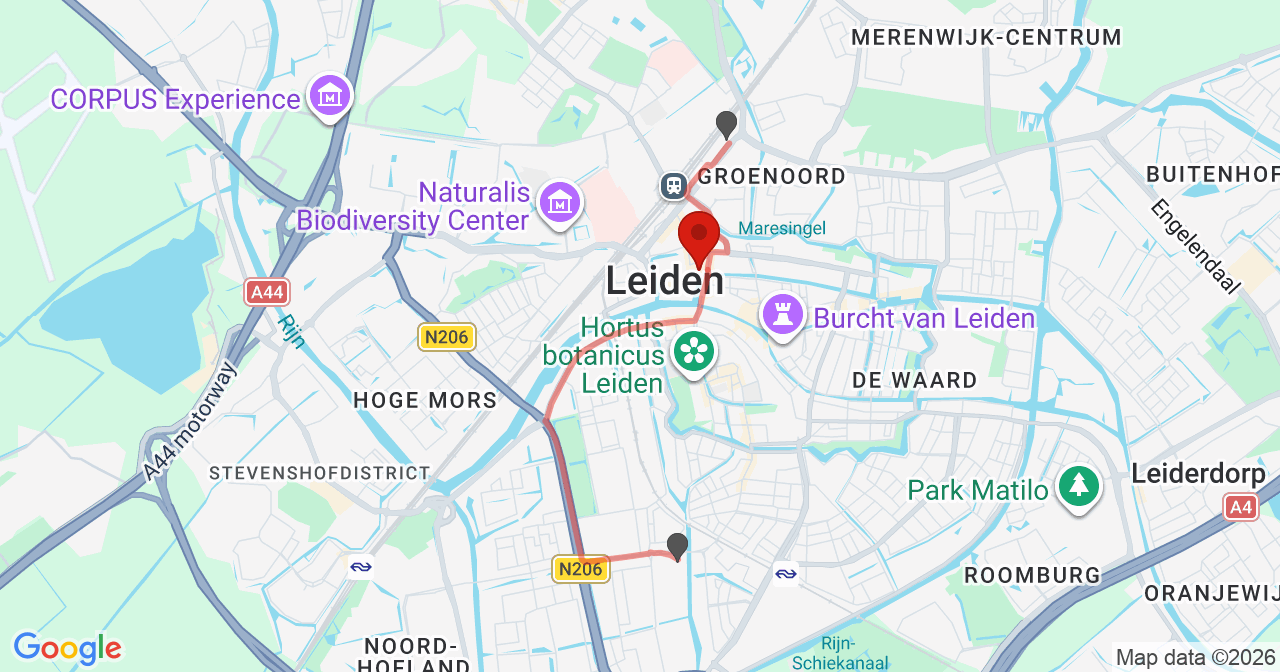 Kaart van het incident in Leiden met de aanrijroutes van de gealarmeerde eenheden