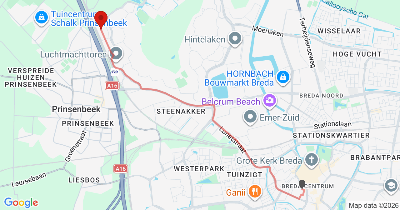 Kaart van het incident in Breda met de aanrijroutes van de gealarmeerde eenheden