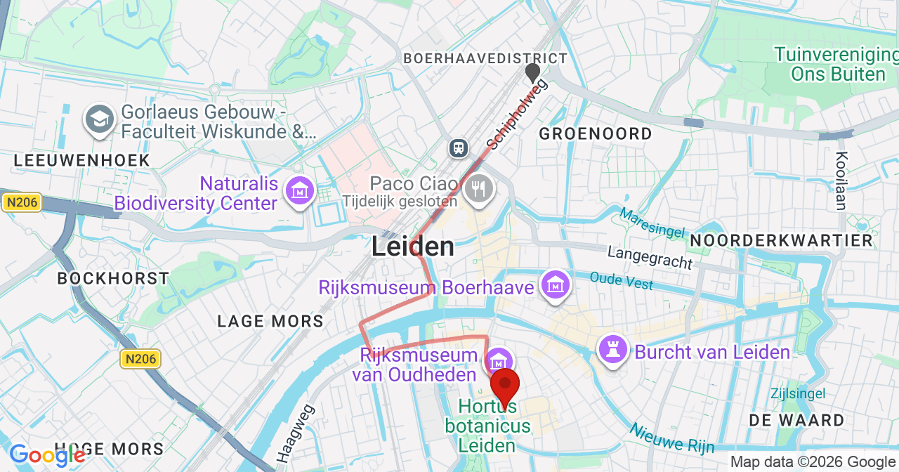 Kaart van het incident in Leiden met de aanrijroutes van de gealarmeerde eenheden