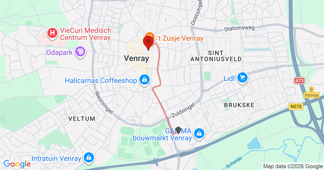 Kaart van het incident in Venray met de aanrijroutes van de gealarmeerde eenheden